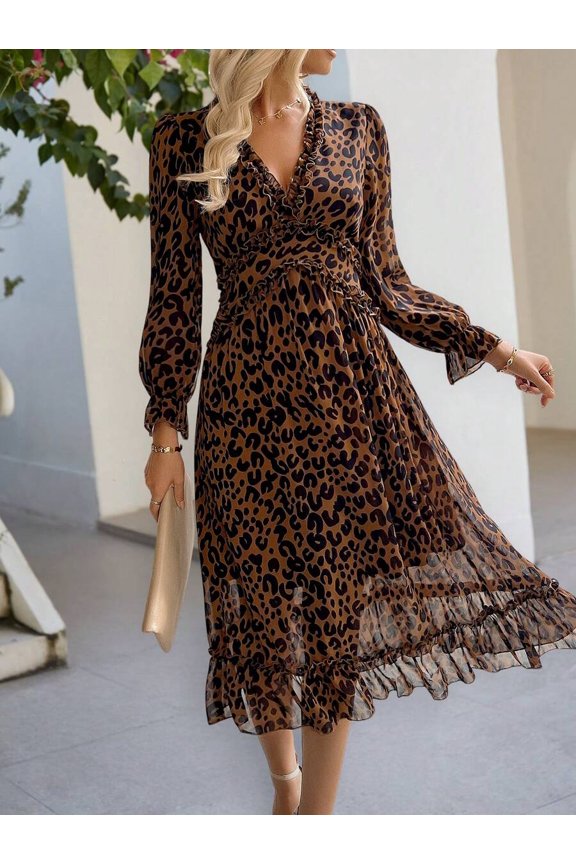 Brown Leopard Print Ruffled Wrap Midi Dress With Long Sleeves