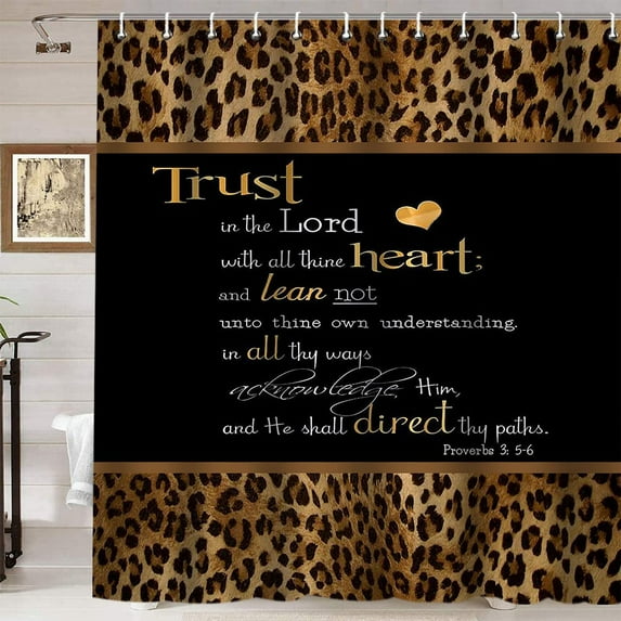 Brown Leopard Print Shower Curtain, Inspirational Quotes Patchwork Cheetah Pattern African Safari Animal Skin Bathroom Decor, Waterproof Fabric Black Shower Curtain, 72 X 72 Inch