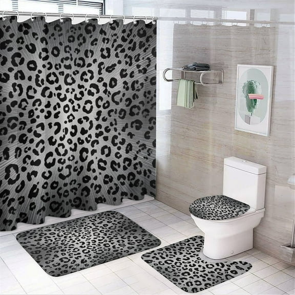 Brown Leopard Print Shower Curtain Waterproof Bathroom Curtain Set 4pcs with Hooks Rugs Mat Bathroom Curtains Home Decor