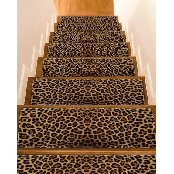 Brown Leopard Print Stair Treads for Wooden Steps Indoor Runner Rug Carpet, Classic Abstract Animal Patterned 4 Pieces Peel and Stick Staircase Step Treads Covers Washable Throw Door Mats, 30"x8"