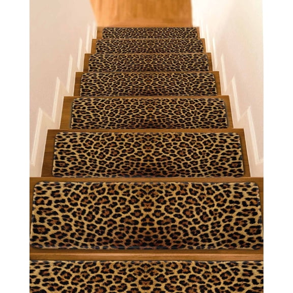 Brown Leopard Print Stair Treads for Wooden Steps Indoor Runner Rug Carpet, Classic Abstract Animal Patterned 4 Pieces Peel and Stick Staircase Step Treads Covers Washable Throw Door Mats, 30"x8"