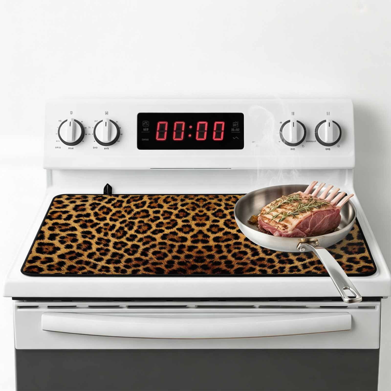 Brown Leopard Print Stove Top Cover for Electric Stove, Heat-proof & Non Slip Glass Top Stove Cover Protector, Classic Abstract Animal Patterned Kitchen Flat Cooktop Rubber Mat 24x21 Inches