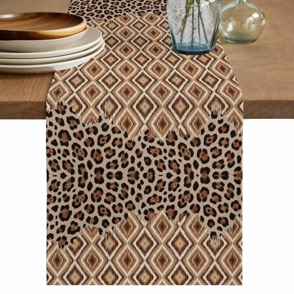 Brown Leopard Print Table Runner 48 Inches, Vintage Geometric Animals Print Bed Runner Dresser Scarves Tabletop for Indoor Outdoor Parties/Ceremony/Banquet, 13" x 48"
