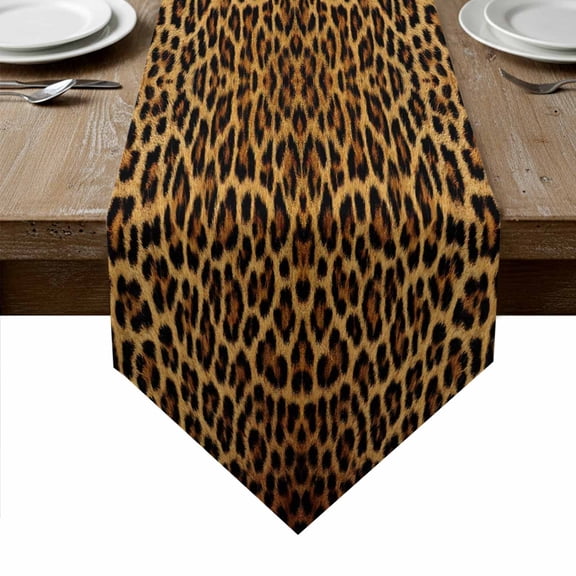Brown Leopard Print Table Runner Linen Burlap Table Runner 72 Inches Long Classic Abstract Animal Patterned Dresser Scarves for Kitchen Island Coffee Dining Room Party Wedding Holiday Decor 16"x72"