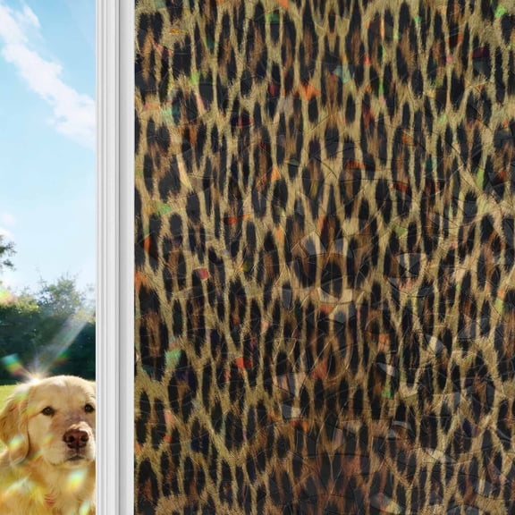 Brown Leopard Print Window Privacy Film Stain Glass,Reusable Decorative Rainbow Window Film,Classic Abstract Animal Patterned Static Cling Sun Blocking Stickers Decals Covers 17.7" x 39.3" (2pcs)