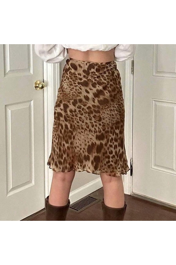 Brown Leopard Print Wrap Skirt Knee Length Flowing A-Line Womens
