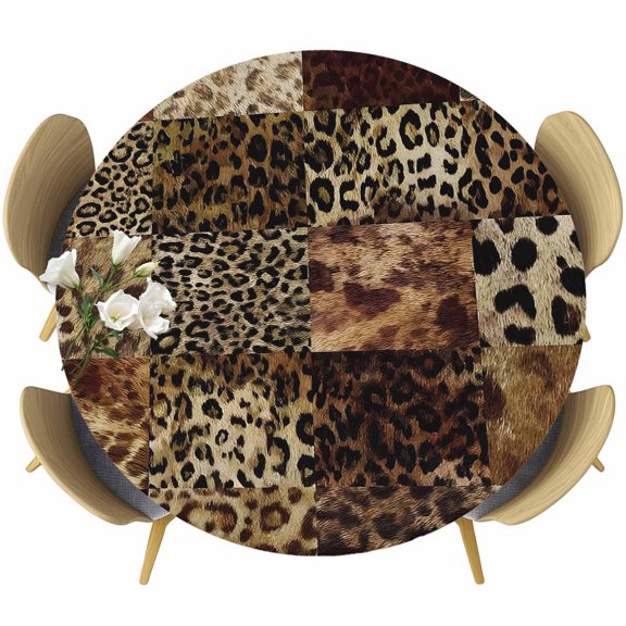 Brown Leopard Round Tablecloth 45-54 Inch Round Fitted Table Cloth with Elastic Edge, Farmhouse Vintage Plaid Waterproof Table Cover Protector for Outdoor Picnic Party Dining