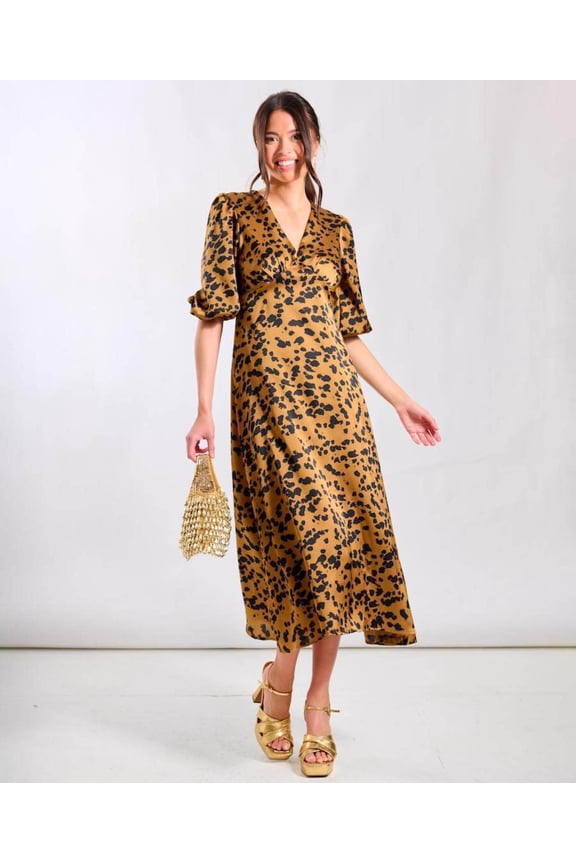 Brown Leopard Satin Midi Dress