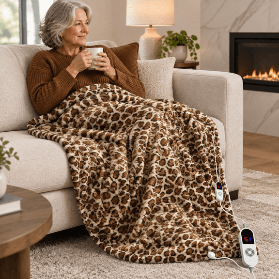 Brown Leopard Throw 50'' x 60'' Luxury Faux Heated Electric Blanket