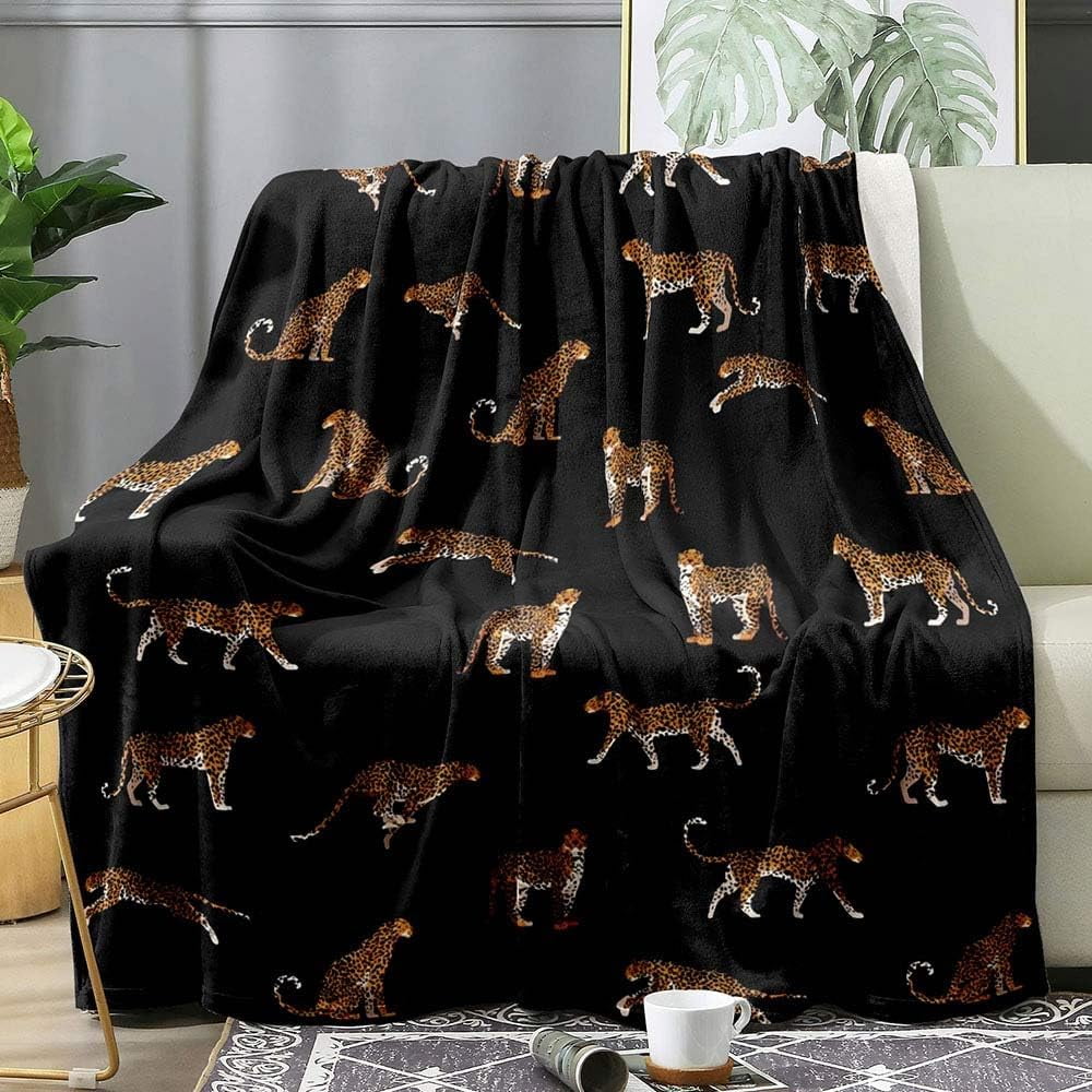 Brown Leopard Throw Blanket, African Safari Animal Cheetah Print Blanket, Black Blanket, Twin Blanket, Cozy Warm Lightweight Soft Fuzzy Flannel Fleece Blanket for Bed, Couch, Sofa, 60"x80"