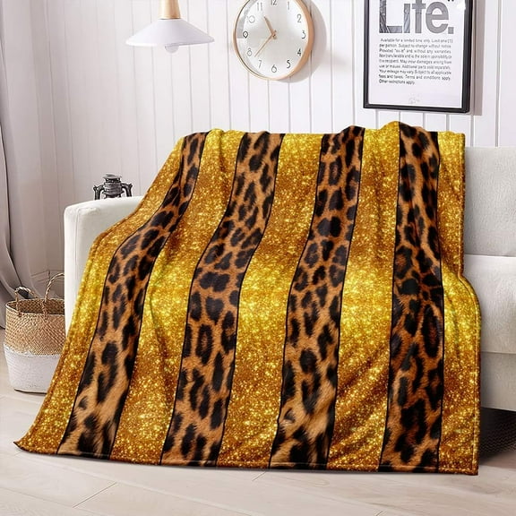 Brown Leopard Throw Blanket, Luxury Sparkle Gold Glitter Blanket, Cheetah Print Blanket, Cozy Soft Lightweight Fluffy Fuzzy Plush Flannel Blanket, Fleece Blanket for Couch, Sofa, 50"x60"