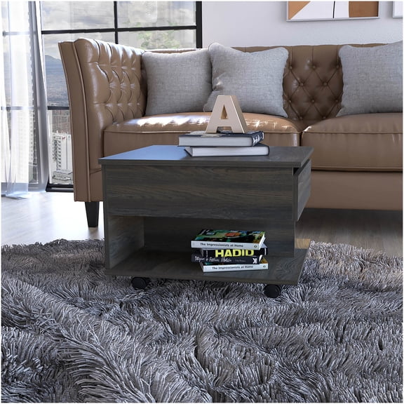 Brown Lift Top Coffee Table with Storage and Wheels, Mobile Lift-Top Cocktail Table with Hidden Compartment and Locking Casters, Small Space-Saving Design for Living Room