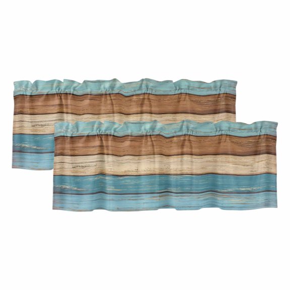 Brown Light Blue Wood Grain 2 Panels Kitchen Valance, Striped Farm Country Style Curtains Valances for Small Windows Rod Pocket Window Treatments for Living Room Bedroom 42" W x 12" L