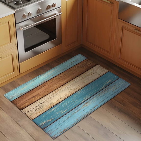 Brown Light Blue Wood Grain 2x3 Rug for Entryway Front Door Kitchen Sink Area, Striped Farm Country Style Low Pile Washable Non Slip Rectangle Area Rug