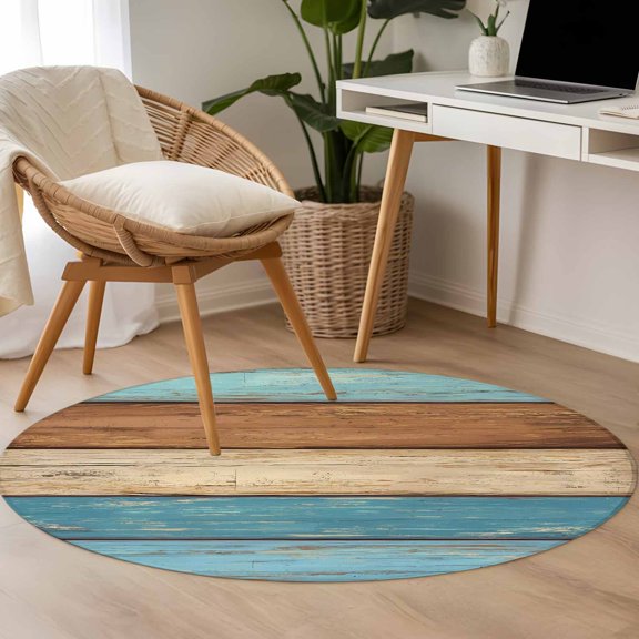 Brown Light Blue Wood Grain 3.3ft Round Rug for Bedroom Reading Corner, Striped Farm Country Style Washable Non Slip Circle Area Rug