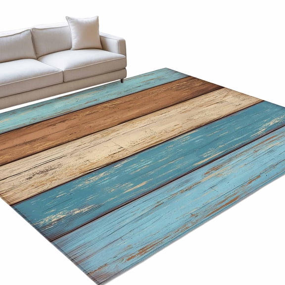 Brown Light Blue Wood Grain 4x6ft Non Slip Area Rug Striped Farm Country Style Washable Soft Area Rugs for Living Room, Indoor Circle Carpet for Bedroom Dining Room Kitchen