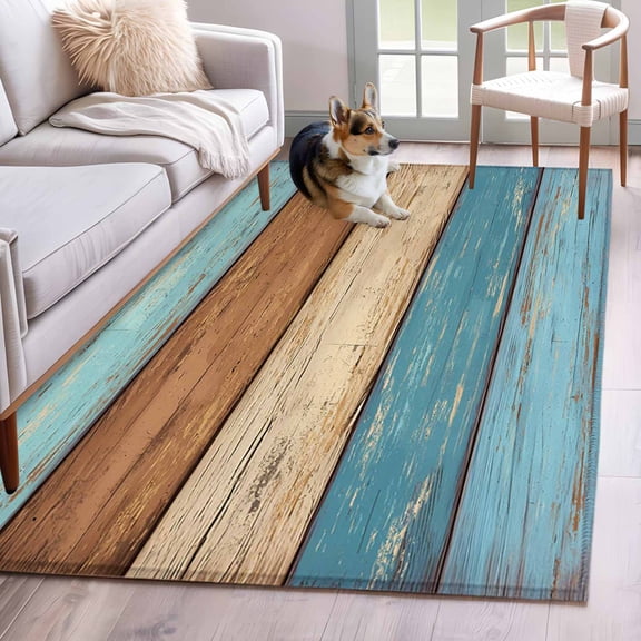Brown Light Blue Wood Grain Area Rugs 4x6 ft Striped Farm Country Style Washable Rug Non Slip Indoor Carpet Absorbent Floor Mat for Living Room Bedroom Dining Room