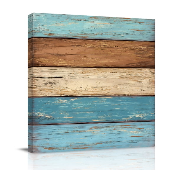 Brown Light Blue Wood Grain Canvas Wall Art for Living Room, Striped Farm Country Style Poster Print Painting for Bedroom Office Home Decoration Wall Pictures Prepare To Hang 12"x12"
