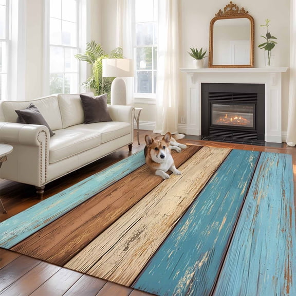 Brown Light Blue Wood Grain Large Area Rugs 5x8 ft Striped Farm Country Style Washable Rug Non Slip Indoor Carpet Absorbent Floor Mat for Living Room Bedroom Dining Room