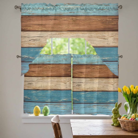 Brown Light Blue Wood Grain Swag Curtains Valance & Tier Set, Striped Farm Country Style 3 Pcs Set Kitchen Swag Valances and Tiers 36 Inch Length Rod Pocket Curtain Drapes for Bedroom