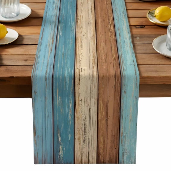 Brown Light Blue Wood Grain Table Runner, Striped Farm Country Style Washable Kitchen Table Runners Dress Scarves for Dining Table Decorations Party, 13x36in