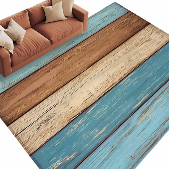Brown Light Blue Wood Grain Washable Area Rug 5 x 7 ft Striped Farm Country Style, Soft Non Slip Rugs Stain Repellent Indoor Felt Carpet for Living Dining Room Bedroom Home Office