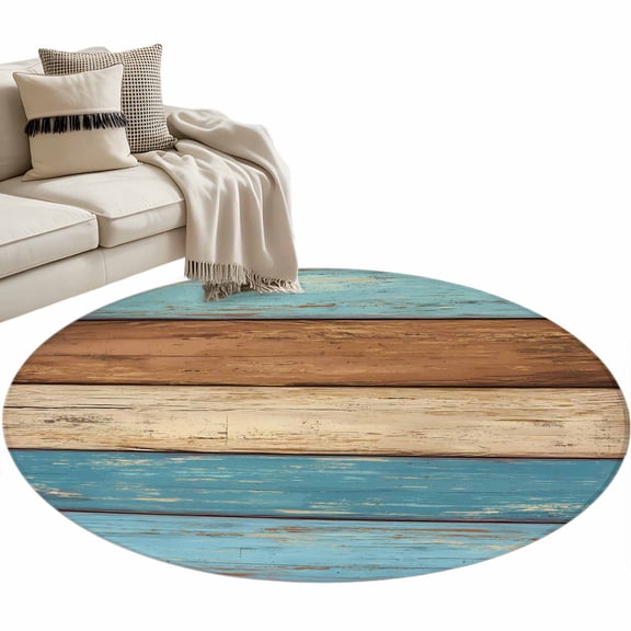 Brown Light Blue Wood Grain Washable Round Area Rug 4 ft, Striped Farm Country Style, Soft Non Slip Rugs Stain Repellent Indoor Felt Carpet for Living Dining Room Bedroom Home Office