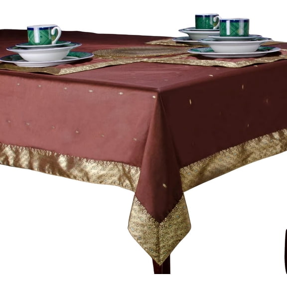 Brown Lined Sari Fabric Tablecloth Golden Borders 60 X 102 in