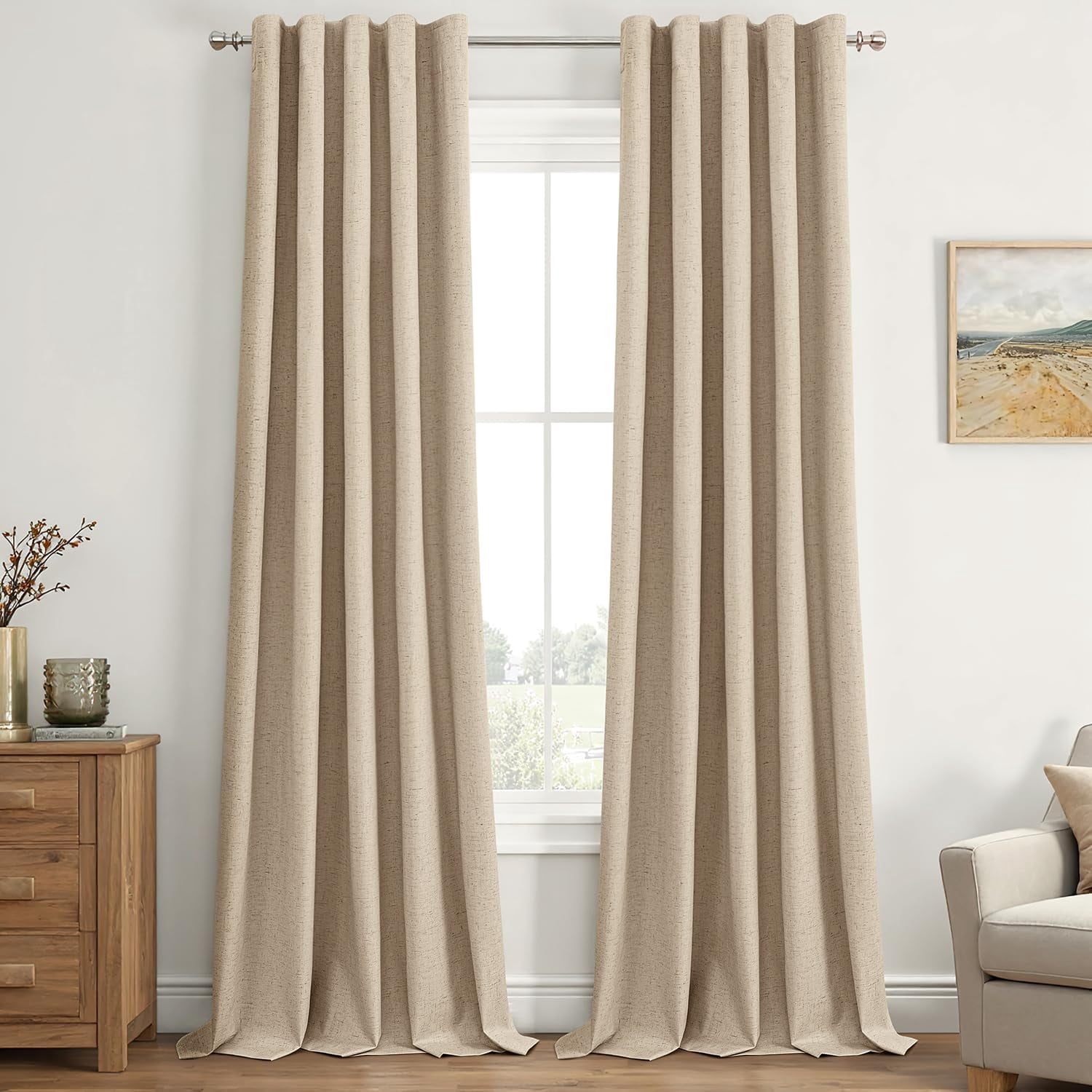 Brown Linen Blackout Curtains 84 inch Long 2 Panels Set for Bedroom Back Tab Thermal Insulated 100% Black Out Drapes Pinch Pleated Hooks Room Darkening Window Curtain for Living Room