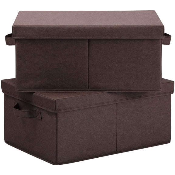 Brown Linen Foldable Storage Bins With Lids, 2 Pack