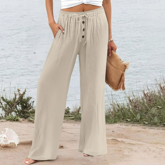 Brown Linen Pants Women Linen Pants Women Summer Wide Leg Pants Elastic Waist Pants High Waisted Pants Casual Beach Trousers Sweatpants Womens Fashion