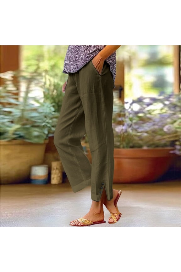 Brown Linen Pants Women Solid Straight Solid Elastic Pants Long Linen Women Waist Cotton Casual Slit Trouser Legs Pants
