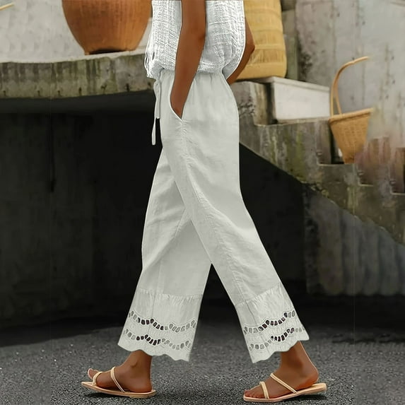 Brown Linen Pants Women Summer 2025 New Women's Casual Loose Fitting Waist and Ankle Patchwork Lace Cotton and Linen Pants
