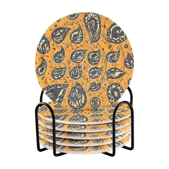 Brown Linen Print Drink Coasters with Holder Absorbent Coaster for Coffee Table Room Decor 6 Pack