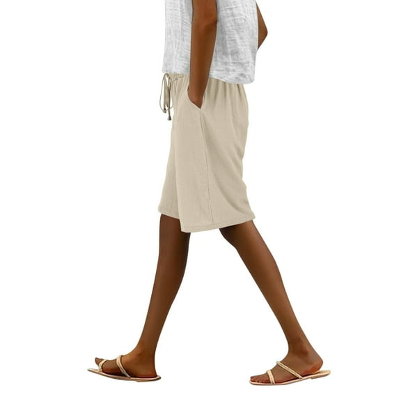 Brown Linen Shorts Womens Casual Solid Side Pockets Pants Shorts Elastic Waist Pockets Daily Mid Long Shorts