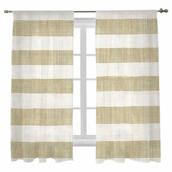 Brown Linen Stripes Sheer Curtains 72 inches Long, Vintage Country Farmhouse Light Filtering Sheer Window Curtains Rod Pocket Voile Drapes for Bedroom Living Room, 52"W x 72"L 2 Panels