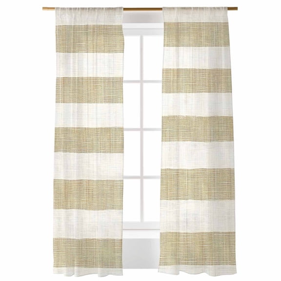Brown Linen Stripes Sheer Curtains 84 inches Long, Vintage Country Farmhouse Light Filtering Sheer Window Curtains Rod Pocket Voile Drapes for Bedroom Living Room, 52"W x 84"L 2 Panels