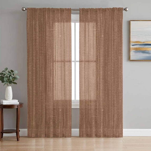 Brown Linen Texture Sheer Curtains 72 Inches Long, Vintage Rustic Simple Stripes Light Filtering Window Curtains for Living Room/Bedroom, Rod Pocket Voile Sheer Curtain Drapes, 52"W x 72"L, 2 Panels