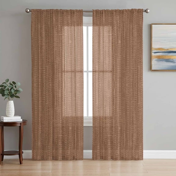 Brown Linen Texture Sheer Curtains 72 Inches Long, Vintage Rustic Simple Stripes Light Filtering Window Curtains for Living Room/Bedroom, Rod Pocket Voile Sheer Curtain Drapes, 52"W x 72"L, 2 Panels