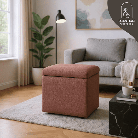 Brown Linen-look fabric Storage Ottoman with Hidden Compartment 16.5 Cube Seat