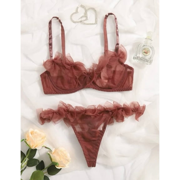 Brown Lingerie Set Ruffle Mesh