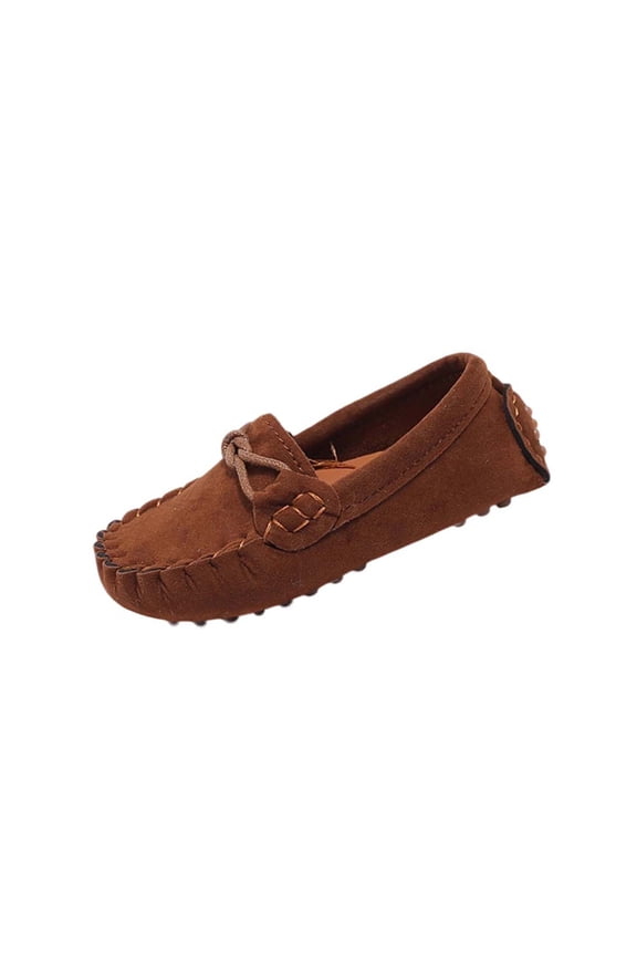 Brown Little Kids Girls Bow Moccasin Flats Brown Faux Suede Solid Color Slip On Casual Princess Loafers Shoes