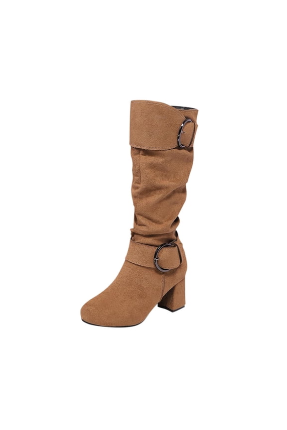 Brown Long Boots For Women With Side Zipper Chunky Heel Round Toe Design For Outdoor Activities Non-Slip Sole