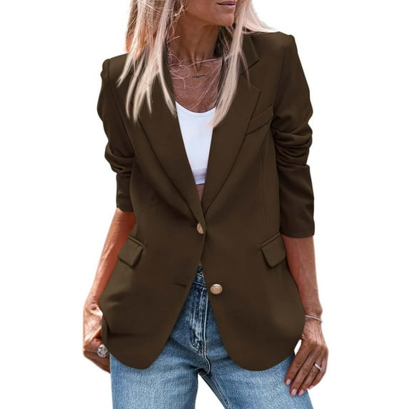 Brown Long Sleeve Fleece Jackets, Nylon,Spandex Women's Suit Jackets, Women's 2024 Fall Business Casual Long Sleeve Notch Lapel Trendy Work Jackets Outerwear, XXL