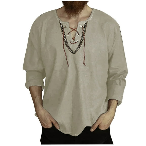 Brown Loose Fit T Shirts for Man Summer Fall Long Sleeve V Neck Faux Linen Brunch Vintage Gothic Pleated Tops Shirts Mens 2025 S