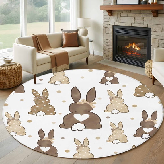Brown Love Heart Bunny Round Area Rug 6 FT, Non Slip Bedroom Rugs, Polka Dot Rabbits Farmhouse Washable Soft Circular Carpet Non-Shedding Floor Mat for Kitchen Dining Room Home Office Kids Room