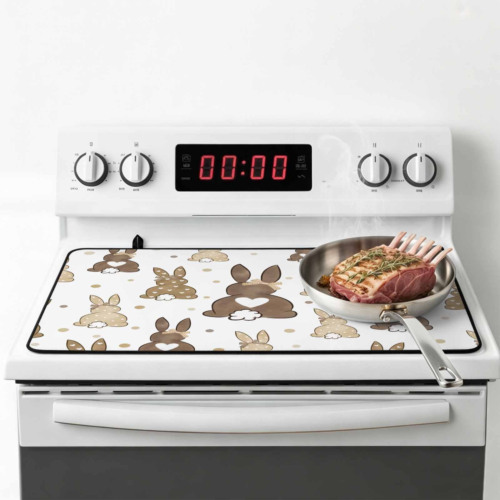 Brown Love Heart Bunny Stove Top Cover for Electric Stove, Heat-proof & Non Slip Glass Top Stove Cover Protector, Polka Dot Rabbits Farmhouse Kitchen Flat Cooktop Rubber Mat 24x21 Inches
