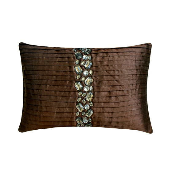 Brown Lumbar Pillow Cover, 12x26 inch (30x65 cm) Lumbar Pillow Cover, Pintucks and Crystals Bling Lumbar Pillow Cover, Silk Lumbar Pillow Cover, Solid Color - Crystal Dreams