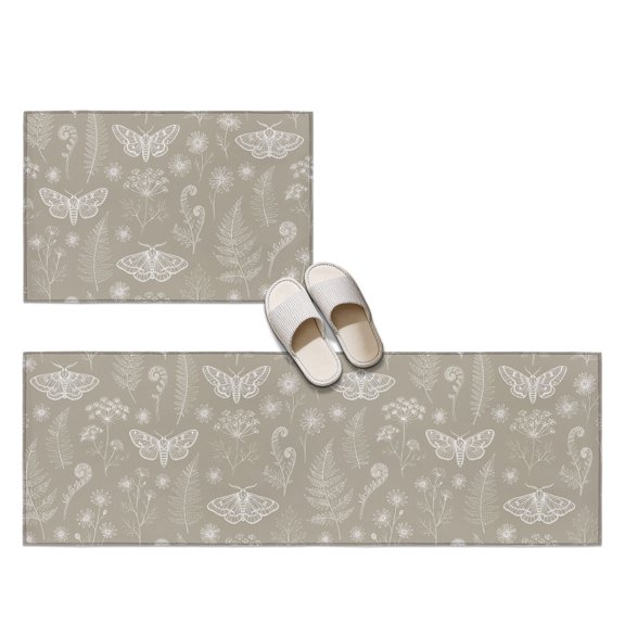Brown Luminous Moths 2 Pieces Non-Slip Kitchen Mat Set, Botanical Artistic Country Wildflower Floral Leaf Soft Door Mat with Rubber Backing, Dirtproof Rugs for Entrance, 23.6x35.4in+23.6x70.9in
