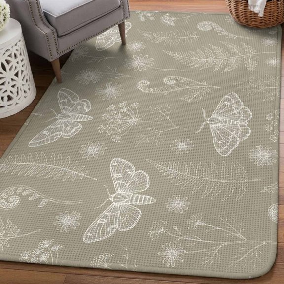 Brown Luminous Moths Area Rugs for Living Room 5x6, Botanical Artistic Country Wildflower Floral Leaf Washable Area Rug Non Slip, Stain Resist Linen Carpet for Bedroom, Dining Room, Entryway